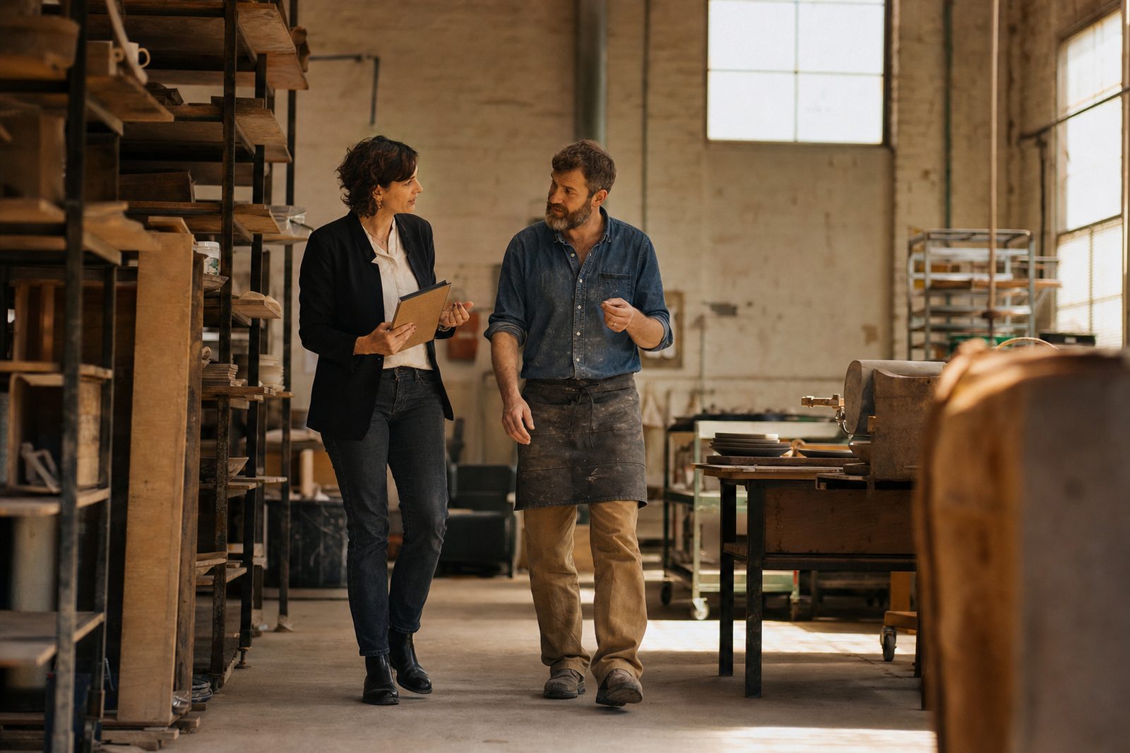 A consultant and a business owner walking and talking through a workshop floor