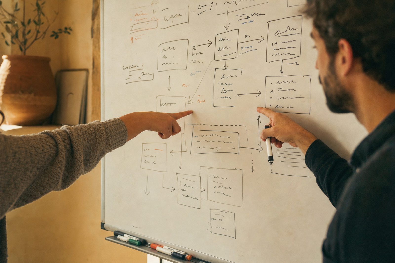 Two people mapping a business workflow in marker on a whiteboard